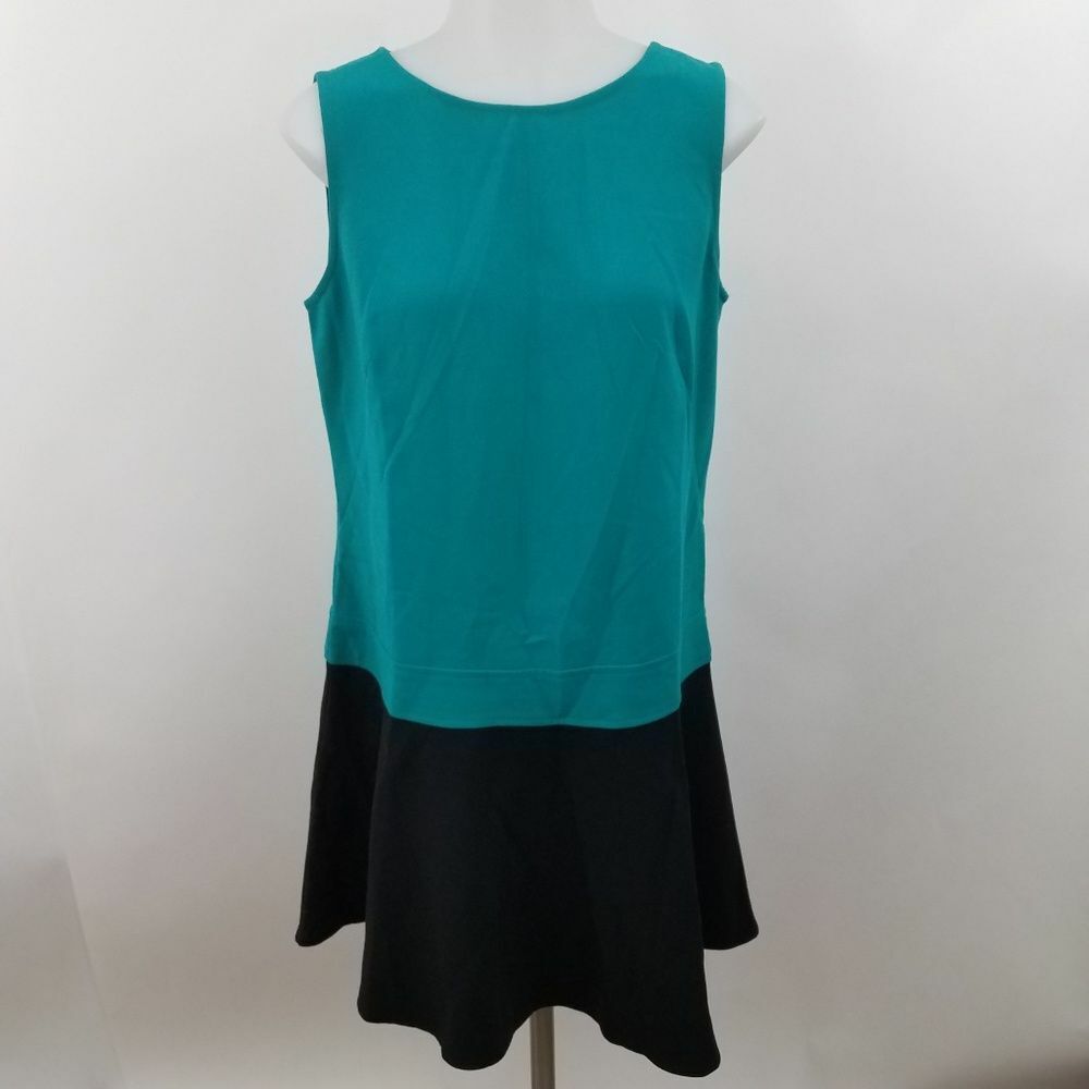 Ann Taylor Loft Dress 8P Petite Teal Black Fit Flare A-line Sleeveless Work